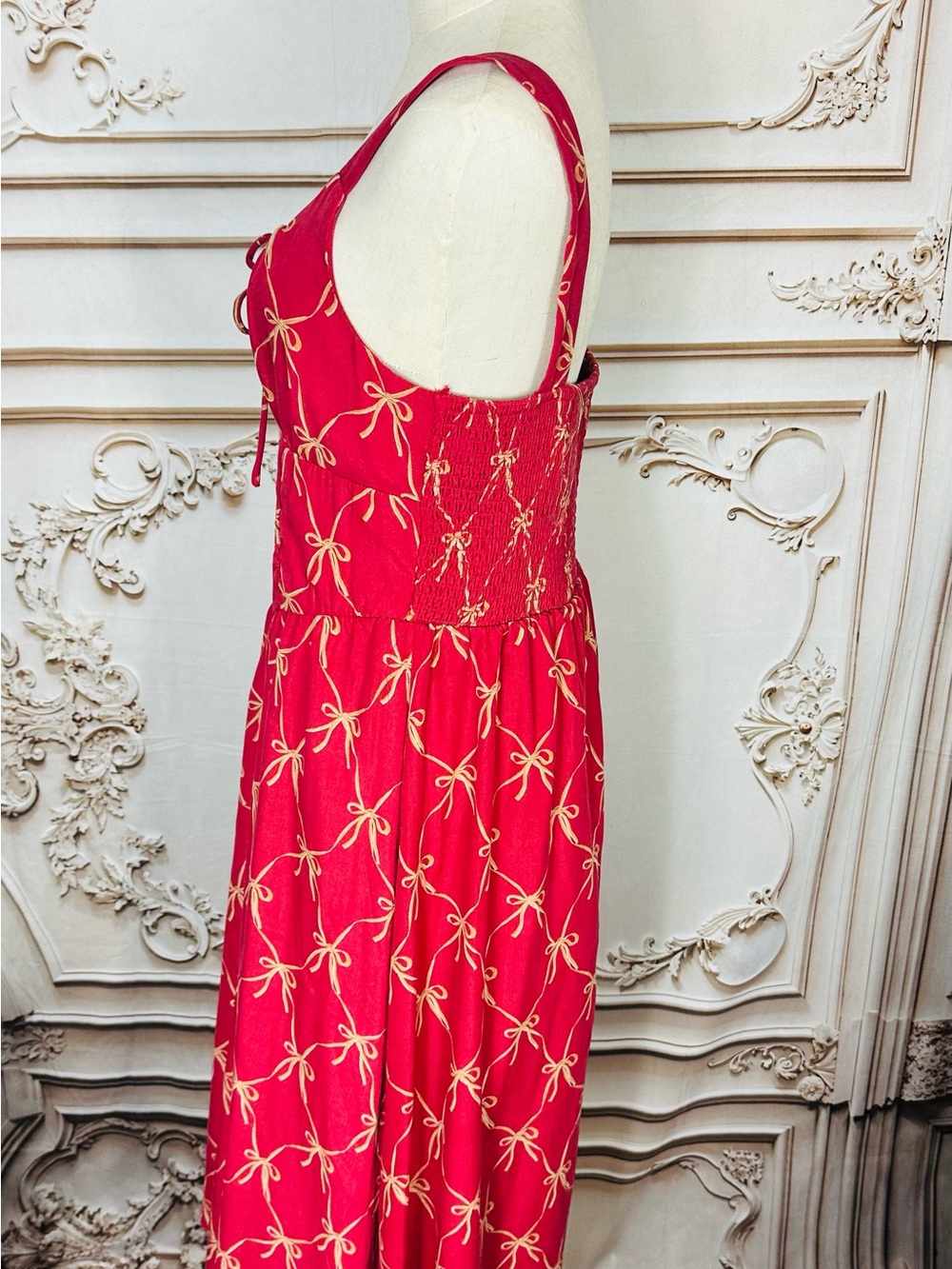 3 for $36 Sale Red Bow-Print Tie-Front Midi Dress - Picture 6 of 13